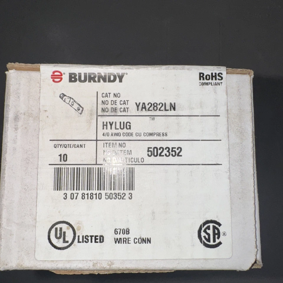 Burndy YA282LN,Compression Cable Lug, 4/0 Cu 2-Hole Long 1/2, 1 PC **Box Of 10* - Image 1 of 3