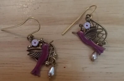 Silver Forest Jewelry Purple Pink Himmingbirds on Filagree Dangle Earrings  - Image 1 of 4