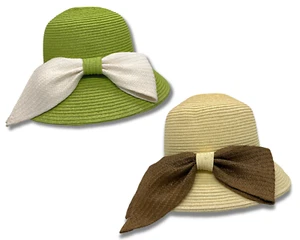 Women's Wide Brim Paper Straw Summer Floppy Style Beach Sun Hat With Bow Accent - Picture 1 of 17