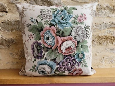 Sanderson Malwood Traditional Floral Rose Linen & Soft Teal Velvet Cushion Cover - Image 1 of 4