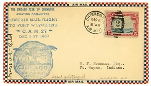 CAM27 Chicago Fort Wayne First Airmail Flight 1930 #C11 Pilot Signed Cover USA - Picture 1 of 2