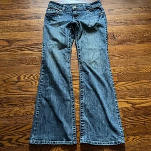 Vintage American Eagle Damen Bootcut ausgestellt niedriger Bund Taschen Klappen Jeans Größe 6 blau - Bild 1 von 12