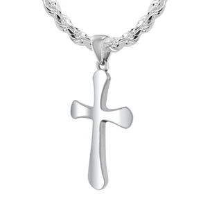 Men's 1 1/16in Solid 0.925 Sterling Silver High Polished Cross Pendant Necklace - Picture 1 of 16