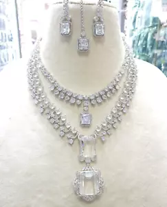 Placcato Argento Bollywood Indiano Stile Cz Trasparente Pietra Collana L' Set - Foto 1 di 8