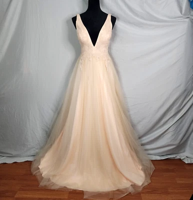 New w/tag GB Juniors Size 3 Peach Beaded Tulle Deep Plunge Maxi Prom Ball Gown - Image 1 of 4