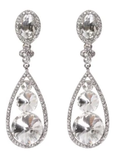 BRIDAL WEDDING PROM PARTY CLEAR RHINESTONE DANGLE CHANDELIER 3" CLIP EARRINGS - Picture 1 of 3