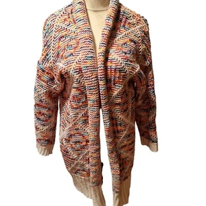 HQ Wool Acrylic Rainbow Fleck Stripe Open Cardigan Long Size Large Knit Duster - Picture 1 of 10