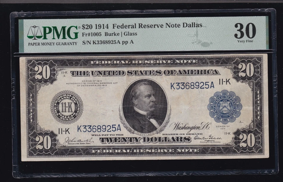 US 1914 $20 FRN Dallas Burke/Glass FR 1005 PMG 30 VF (925) - Image 1 of 2