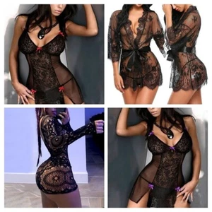 Lingerie Lace Sexy Women Sleepwear Robe G-string OR Teddy 2 PC Moody Romantic - Picture 1 of 5