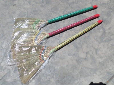 lot of 3 pcs Vietnamese soft fan straw broom w/ plastic wrap straw handle 40inch - Image 1 of 4