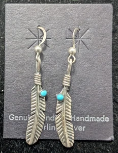Vintage Navajo Sterling Silver Feather with Turquoise Chip Earrings Size 1-5/8" - Picture 1 of 3