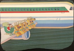Vintage Weihnachtsgrußkarte urkomischer Weihnachtsmann & Rentier im Flugzeug Flügel NUR VORNE - Bild 1 von 3