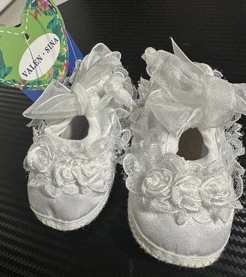 Baby Girl Dressy Newborn Lacy Ruffle Ribbon Vibrant White Shoes - Image 1 of 4