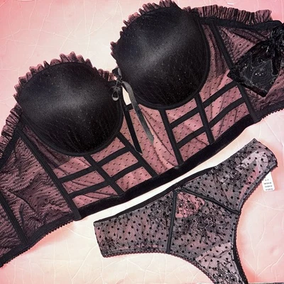Victoria's Secret 34DD,36DD CORSET TOP BRA SET S,M Black Polka Dot STRAPLESS - Image 1 of 4