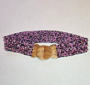 Wide Beaded Belt Wood Buckle Elastic Medium Pink Black Multi Glass Bead - Picture 1 of 9