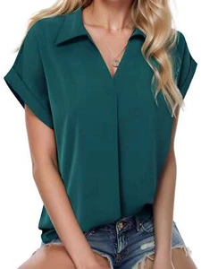 Women's Blouse V Neck Short Sleeve Lapel Shirt Top - Picture 1 of 14