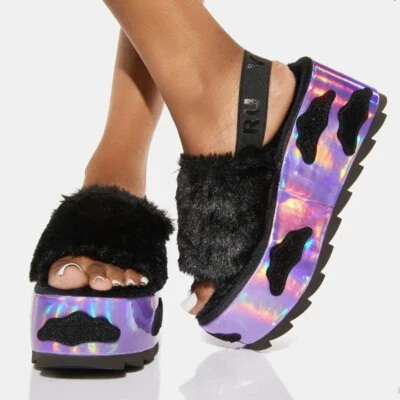 YRU Night Sky QOZII Platform Slide Fuzzy Purple Black Clouds Halloween Punk 10 - Image 1 of 4