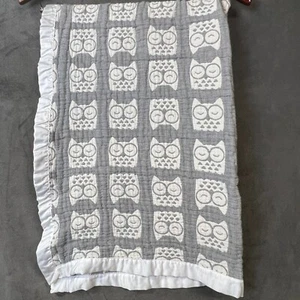Living Textiles Baby Blanket Gray Owl Print Satin Edged 100% Cotton Muslin 30x40 - Picture 1 of 8