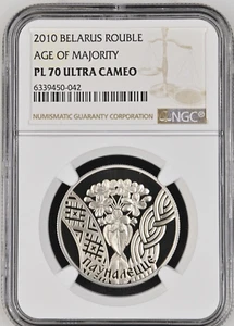 2010 BELARUS 1 ROUBLE AGE OF MAJORITY - NGC 70 ULTRA CAMEO - Picture 1 of 4