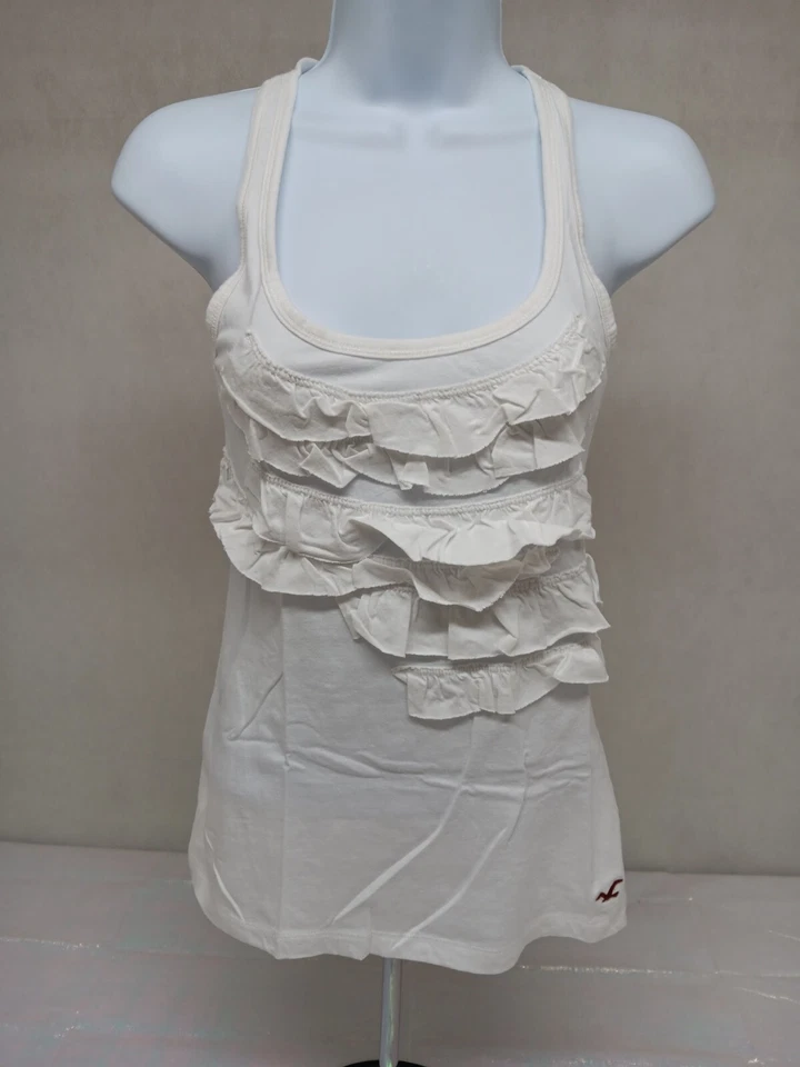 HOLLISTER WOMENS SMALL WHITE RACERBACK TANK TOP RUFFLE EMBROIDERED LOGO - Image 1 of 4