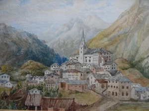 Alpine Town Switzerland Mountain Landscape. Bessie Percival Original Antique - Picture 1 of 4