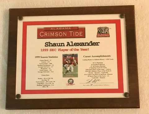 Alabama Crimson Tide SHAUN ALEXANDER 1999 SEC PLAYER OF THE YEAR PLAQUE 13" X 10 Cover