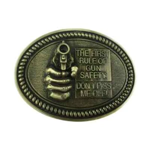 Gürtelschnalle "THE FIRST RULE OF GUN SAFETY DON'T PISS ME OFF" OVAL COWBOY WESTERN - Bild 1 von 4