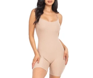 Womens Sexy Tan Ribbed Knit Cami Romper Jumpsuit Sexy Bodycon Workout - S/M - Picture 1 of 3