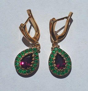 14K Yellow Gold Natural Diamond, Rhodolite Garnet and Emerald Earrings - Picture 1 of 14
