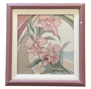 Vintage 1990s Needlepoint Art Deco Style Orchid Pink Blue Green Floral 17 x 16 - Picture 1 of 8