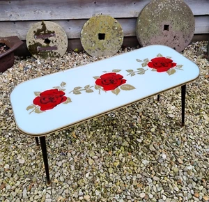 Vintage Mid Century 50s 60s Retro Rose Glass Table, White & Red, Rectangle - Picture 1 of 24