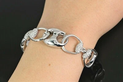 Brazalete de eslabones Gucci de oro blanco de 18 quilates pavé redondo con cadena de mordida de caballo de 8"" Foto 1 de 4