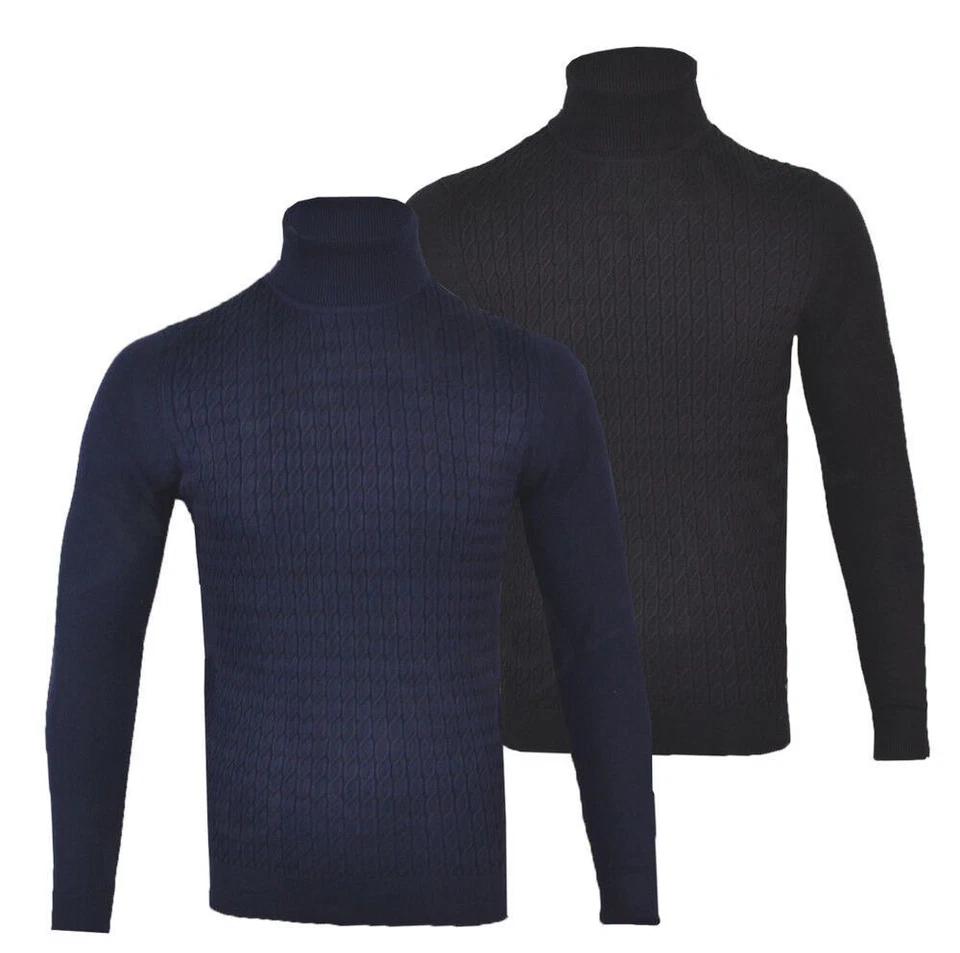 Mens Roll Polo Neck 100% Cotton Cable Knit Warm Jumper Knitted Winter Top S-XXL - Image 1 of 1