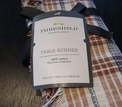 Threshold by Target Fringed Table Runner 14” x 72” 100% Cotton Brown Cream Blue - Image 1 of 3