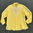 Vintage Bob Mackie 100% Silk Shirt Women's Yellow Button Up Blouse Embroidery XL