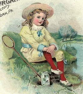 Handel Victorian Card Weaver Organ Factory entzückendes Mädchen Angeln am See - Bild 1 von 4