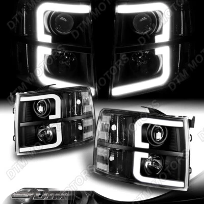 For 07-13 Chevy Silverado 1500 2500 3500 LED Bar Tube Projector Black Headlights - Image 1 of 4