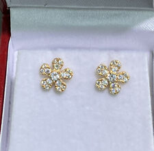 18k Solid Yellow Gold Small Stud 3D Flower Earrings, Cubic Zirconia 1.76 Grams