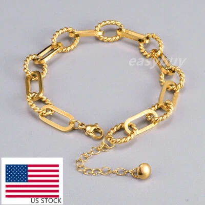 7mm Woman 18K Gold Plated Stainless Steel Rope Rolo Link Thick Chain Bracelet  - Image 1 of 4