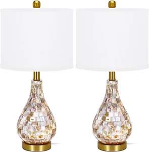 Modern Coastal Table Lamps Set of 2, Natural Mother of Pearl Tiles 23.5" Bedside - Picture 1 of 7