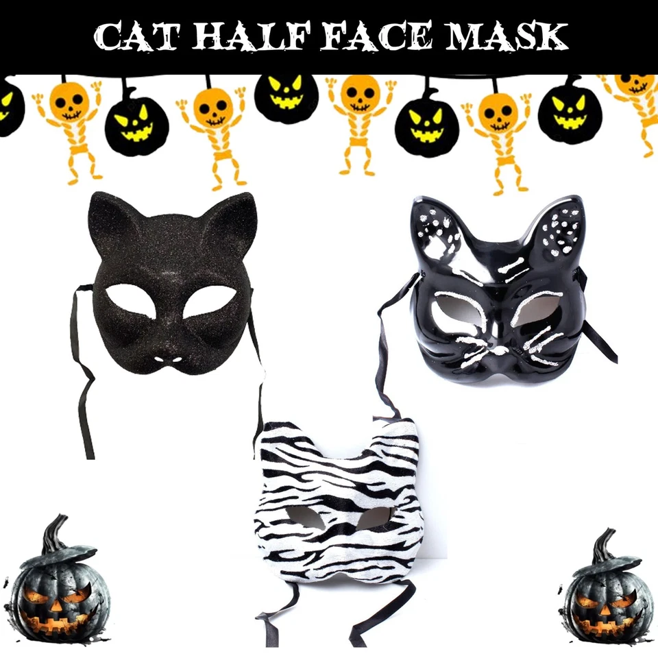 Black Cat Half Face Mask Halloween Glitter Masquerade Fancy Dress Party Masks - Image 1 of 1