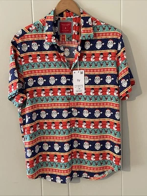 牛仔和花朵夏威夷圣诞衬衫圣诞老人男式 L 码纽扣  — 第 1/4 张图片