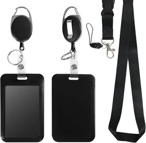 Retractable ID Badge Black 2Vertical Holders 2Oval Reels 1Lanyard, Black-1 - Picture 1 of 7
