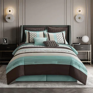 Nanshing Avalon Trellis 8-Piece Moroccan Print Comforter Set Aqua/Brown Californ - Picture 1 of 9