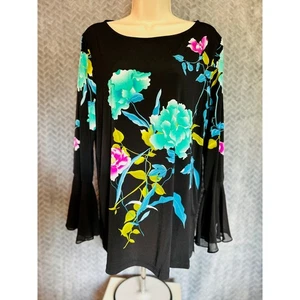 Susan Graver Liquid Knit Black & Aqua Floral Top Sheer Bell Sleeve Dressy Party - Picture 1 of 6