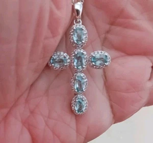 Natural Gemstone Blue And White Zircon Sterling Cross w/Chain 5.60ctw, JTV - Picture 1 of 8