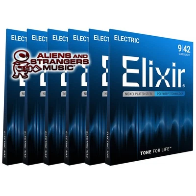 ¡6 juegos! Elixir POLYWEB níquel eléctrico — 12000 súper ligero .009-.042 Foto 1 de 4