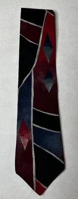 Via Manzoni Multicolor Geometric Print 100% Silk Red/Blue/Silver Necktie Italy - Image 1 of 4