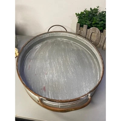 Galvanized Metal Farmhouse Serving Tray Round Distressed Rustic Handles - Image 1 of 4