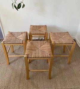 4 X Rush Seat Stool Stools Beech Frame Chair - Picture 1 of 9